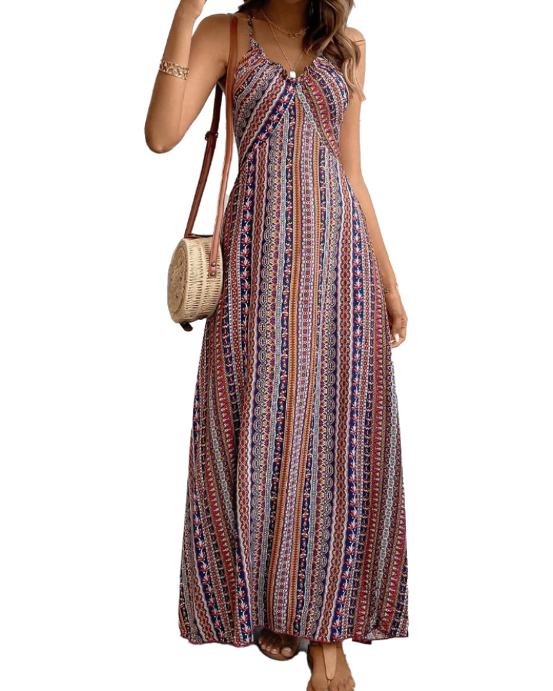 Isabell Robe Maxi Femme Été – Col V Bohème Ethnique Sans Manches