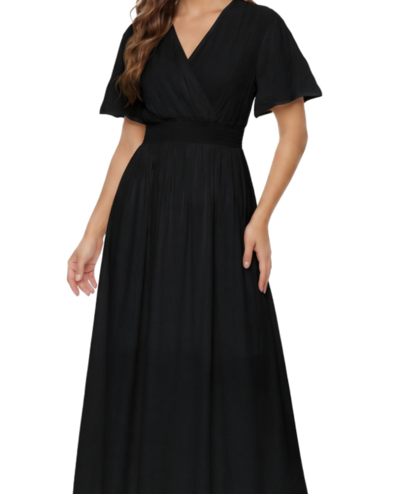 Vestido Maxi Sarai para Mulher Verão – Liso com Decote em V, Mangas com Folhos, Cintura Elástica