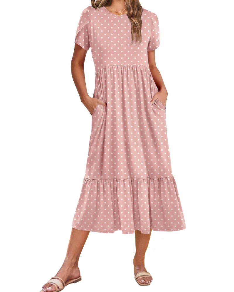 Emily Midikleid für Damen mit Volants – Sommerkleid mit ausgestelltem Schnitt, hoher Taille und Taschen