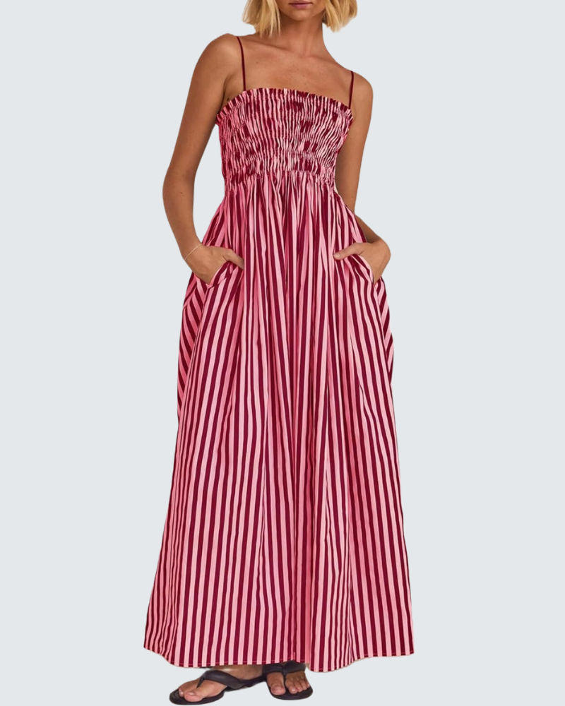 Berta Maxi Kjole til Kvinder med Striber – Tynde Stropper, Flydende Pasform, Smocket Ryg, Sommer