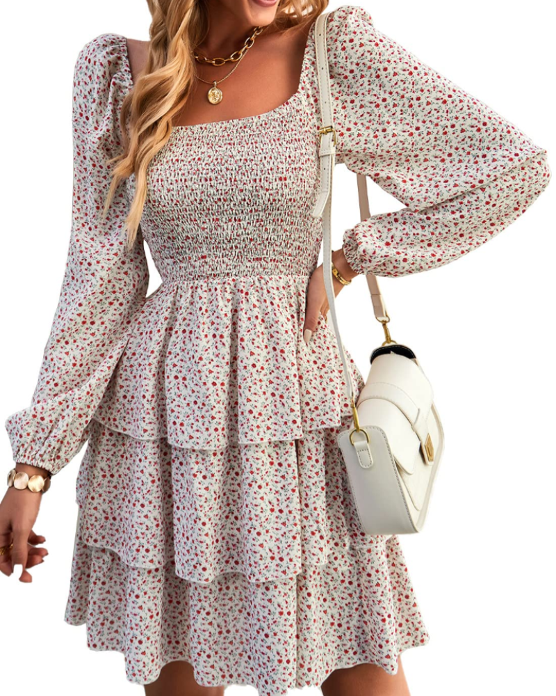 Vestito Bohemien Hazel da Donna – Vestito Corto Floreale con Collo Quadrato e Vita Arricciata