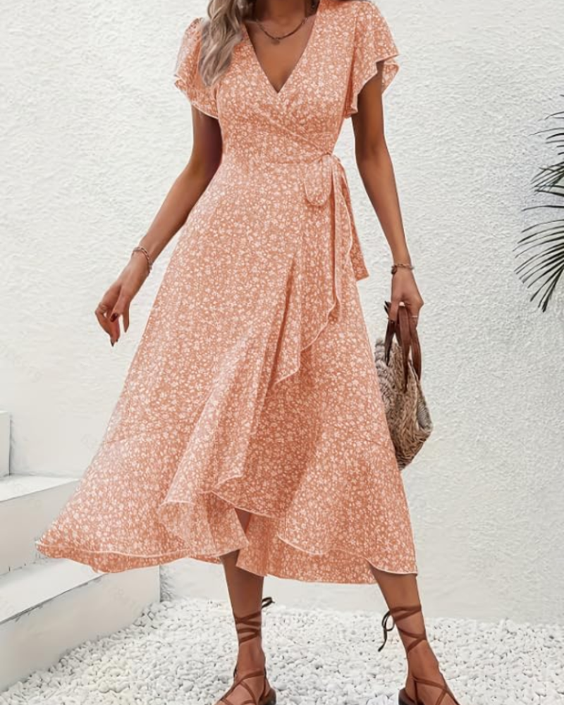 Celeste Robe Midi Fleurie Femme – Robe Col V Taille Empire avec Ceinture