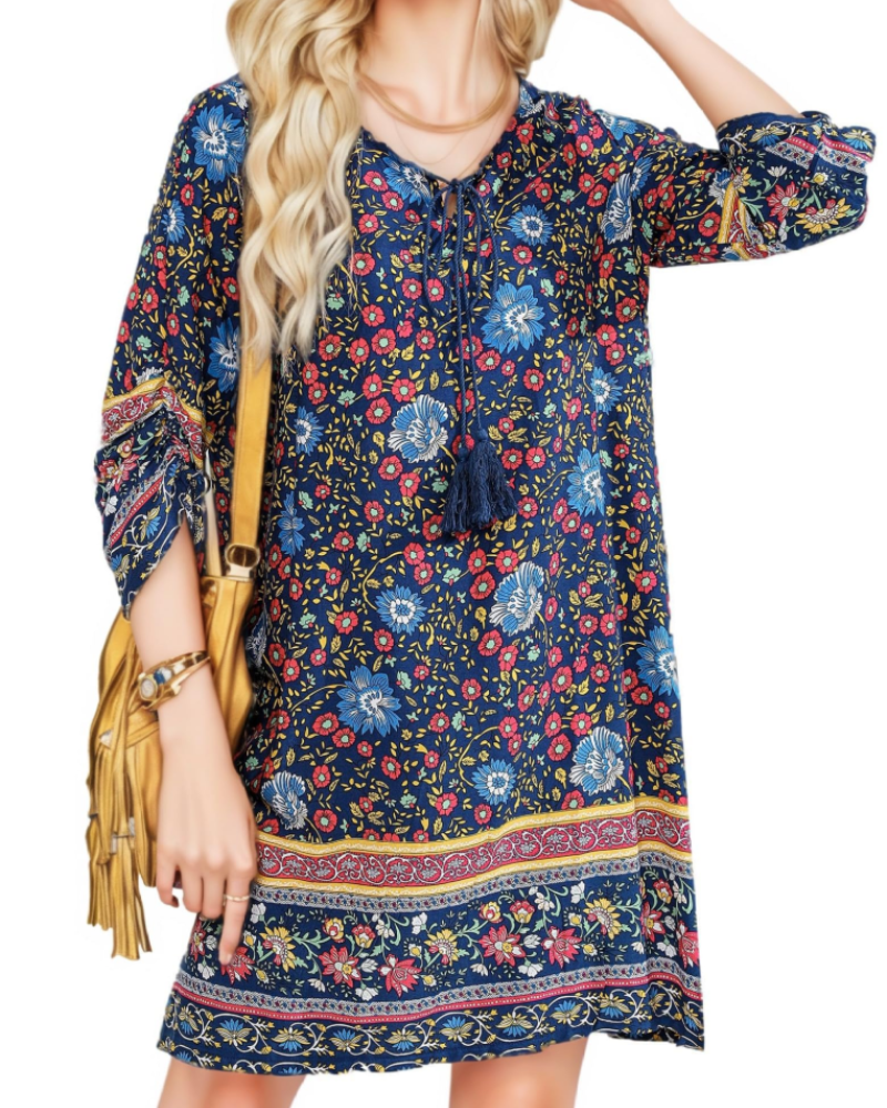 Mara Tuniek Dames Zomer – Boheemse Bloemenprint 3/4 Mouwen & Strik