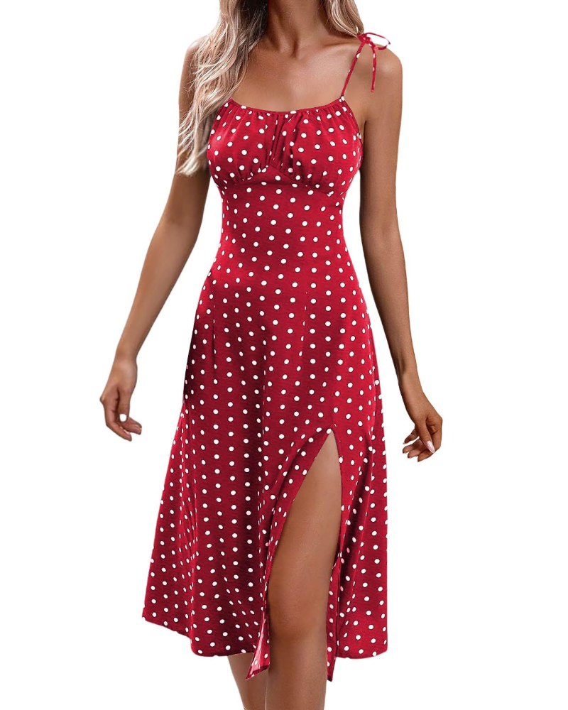 Violettes Sommerkleid für Damen – Punkte & Blumen, dünne Träger, seitliche Schlitze