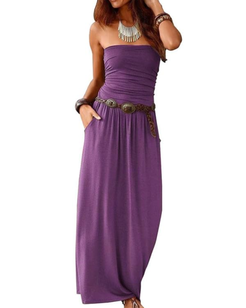 Taylor Maxikleid Damen Sommer – Einfarbiges Boho-Bustier mit Taschen