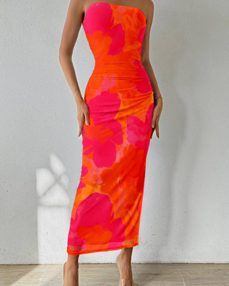 Brooklyn Robe Maxi Femme – Robe Bustier Fleurie Moulante avec Fente Élégante