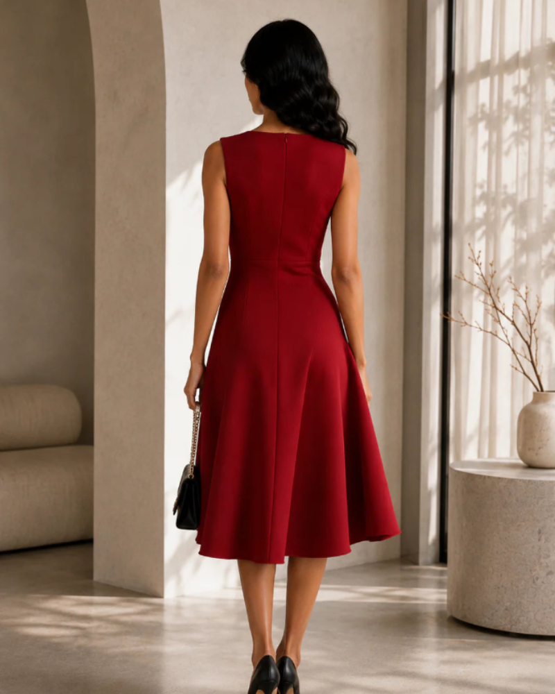 Eloise Midi Dress for Women – Asymmetric Sleeveless Dress with Fitted Waist and Elegant Flowing Skirt