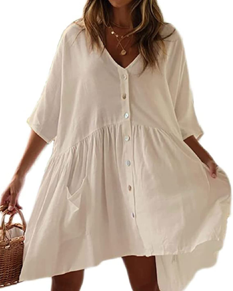 Blythe Dame Strandkjole – Oversized V-hals Kjole med Lommet i Rayon