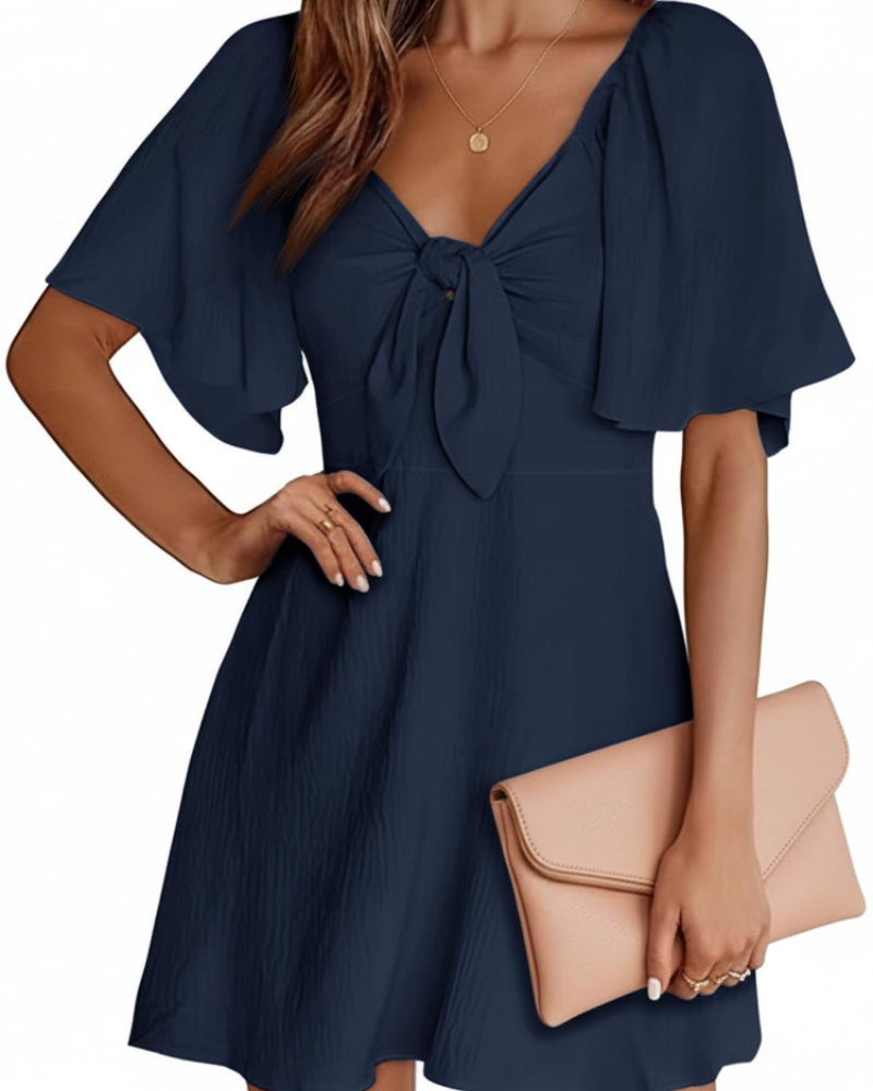 Vestido Mini Sloane Feminino Verão – Decote V Profundo, Mangas Curtas e Laço