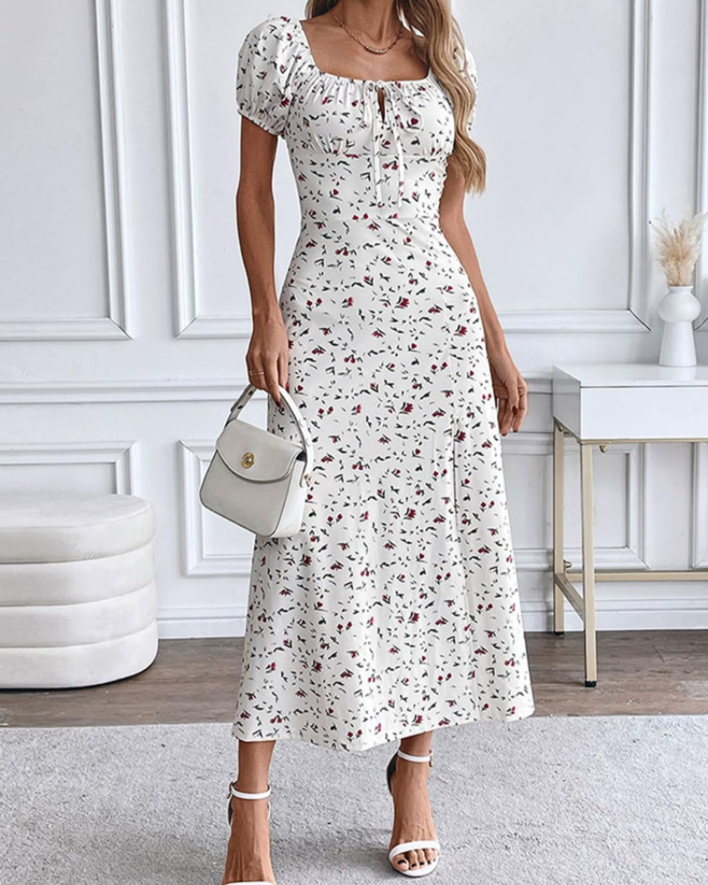 Margot Midikleid mit Blumenmuster für Damen – Kleid mit quadratischem Ausschnitt und Puffärmeln