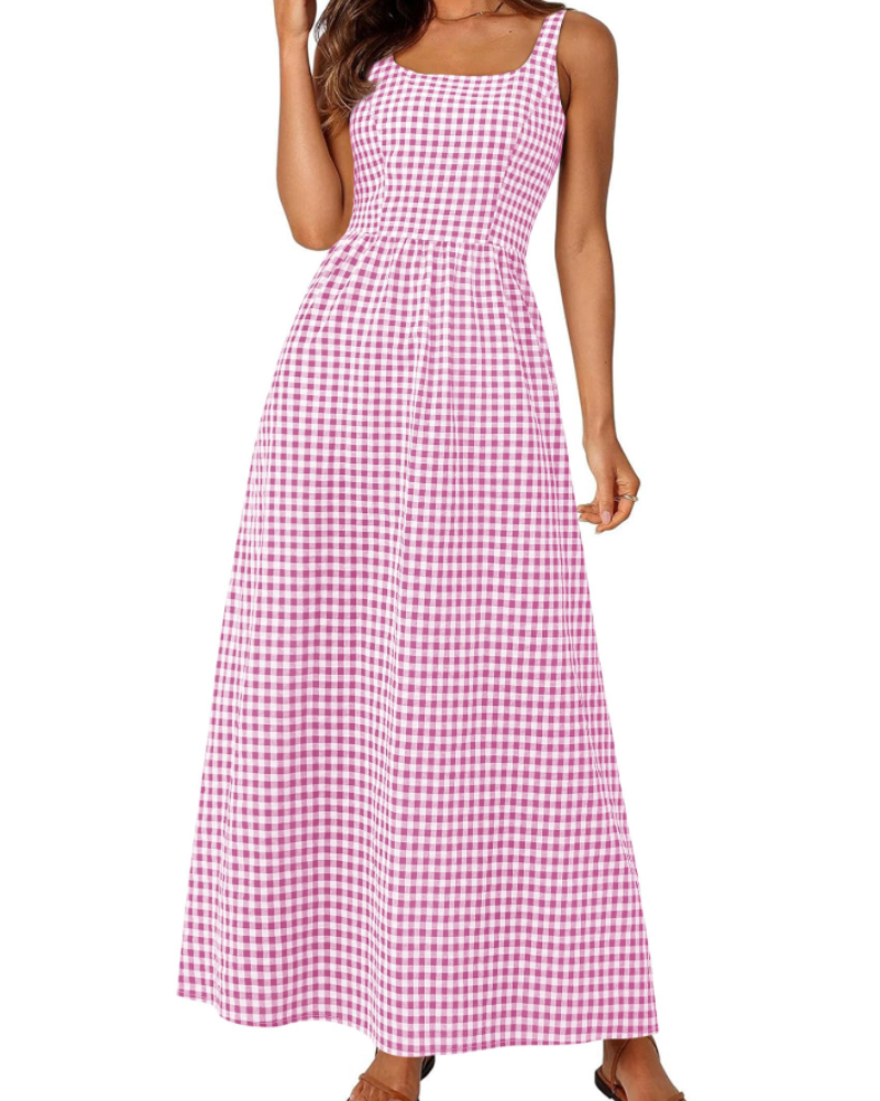 Opely Robe Maxi Femme Carreaux – Col Carré Bretelles & Taille Smockée