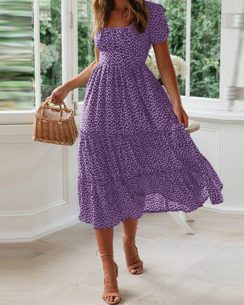 Aria Midi-jurk Dames Zomer – Bloemmotief Vierkante Hals Volantmouwen
