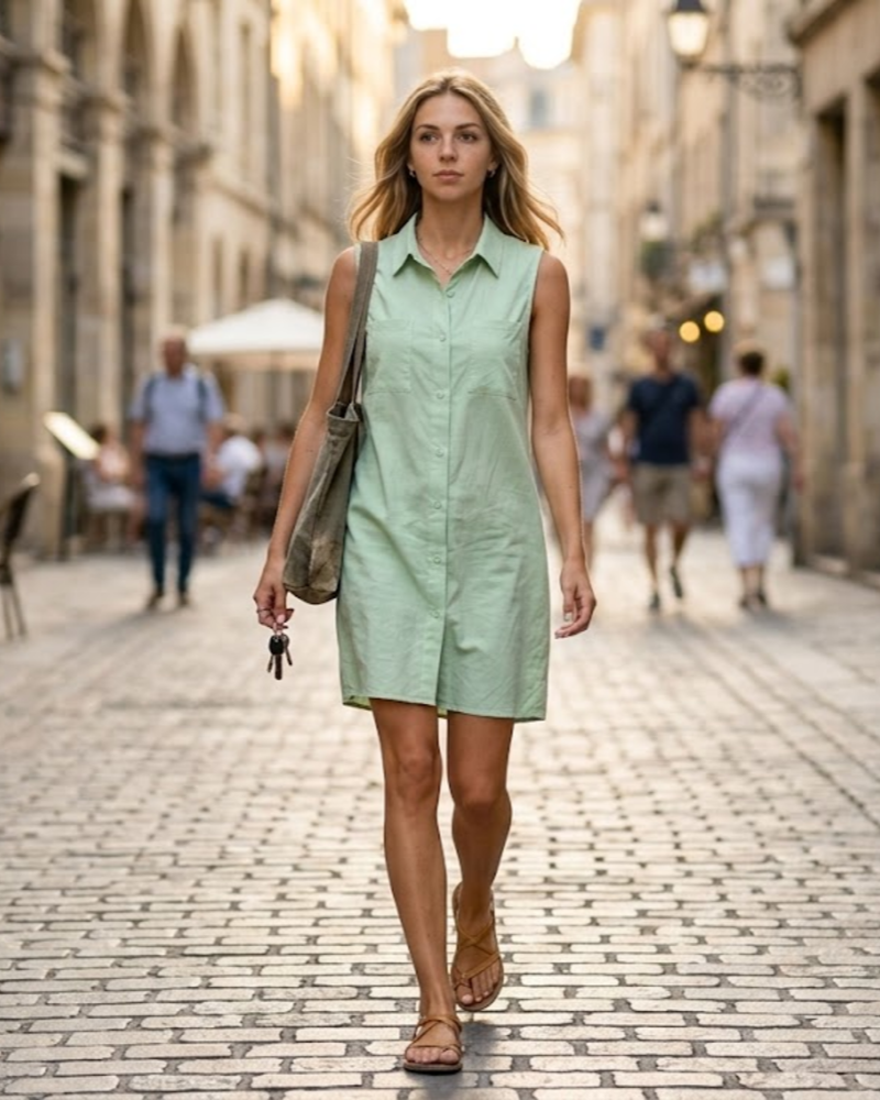 Georgia Robe Midi Femme Été – Col V Sans Manches Boutonnée