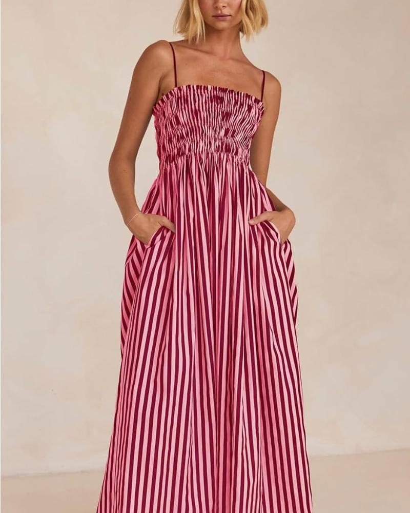 Berta Maxi Kjole til Kvinder med Striber – Tynde Stropper, Flydende Pasform, Smocket Ryg, Sommer