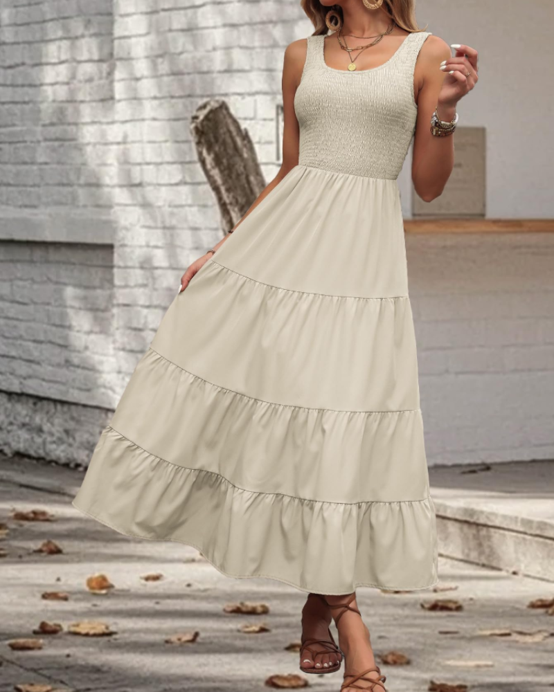 Scarlett Robe Midi Femme – Robe Sans Manches Col Carré à Volants Élégante