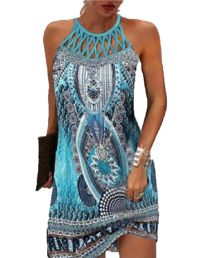 Layla Robe Midi Bohème Femme – Robe Col Halter Imprimé Ethnique d'Été