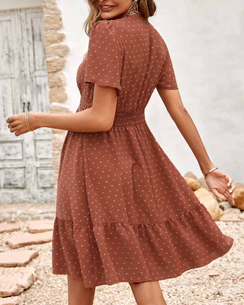 Vivienne Robe Mini Femme – Robe à Pois Col V avec Volants Coupe Évasée