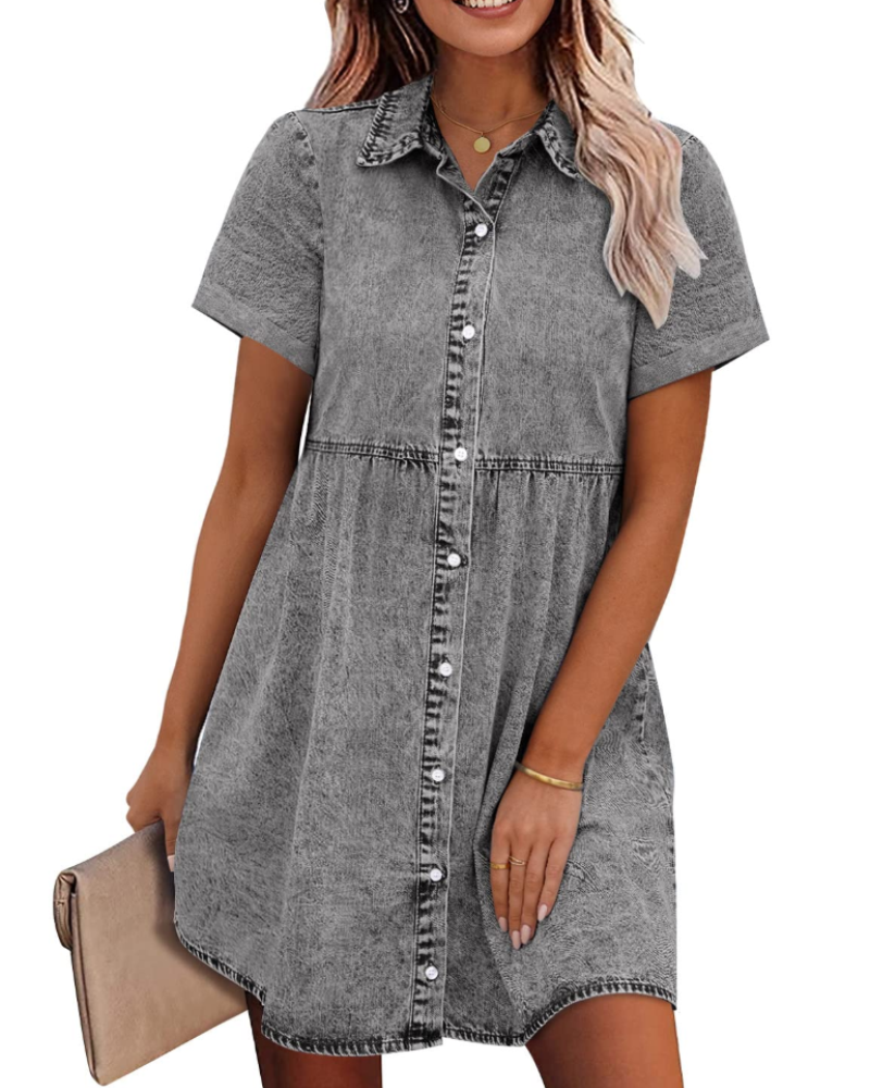 Vestido Camisón Emma para Mujer en Denim – Vestido Babydoll Abotonado con Volantes Superpuestos