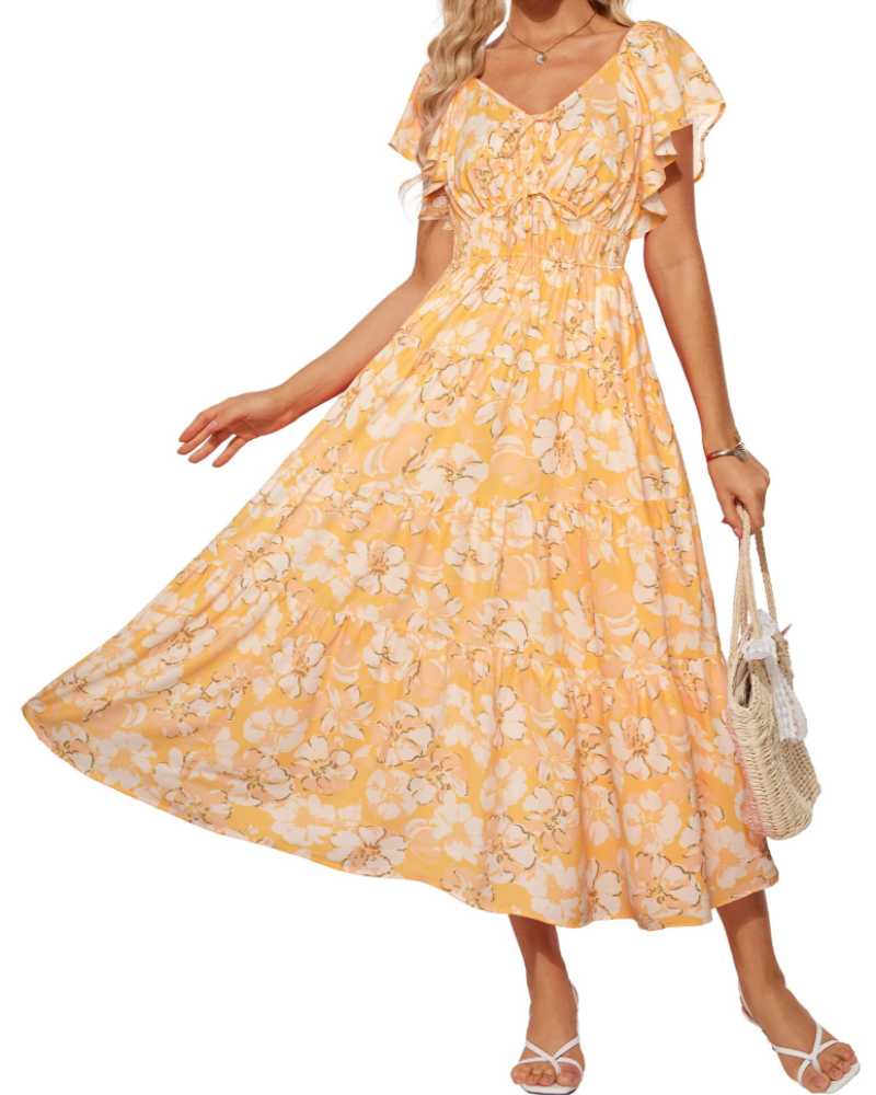 Brianna Maxikleid für Damen – Florales Muster, V-Ausschnitt, eckiger Kragen, Volants & Taschen