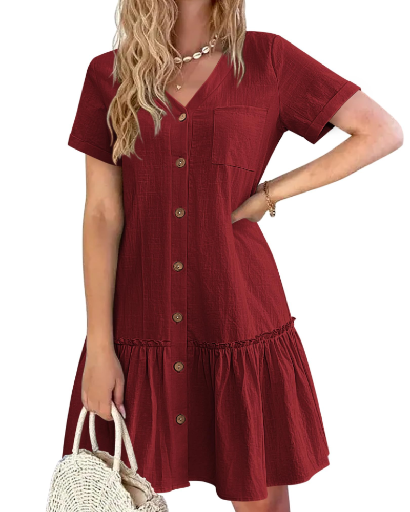 Claudia Robe Coton Lin Femme – Robe Col V Boutons Bois avec Jupe Plissée