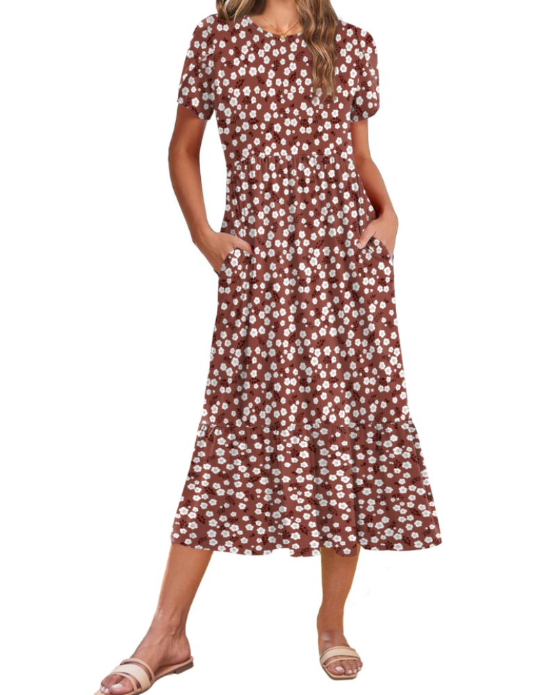 Emily Midikleid für Damen mit Volants – Sommerkleid mit ausgestelltem Schnitt, hoher Taille und Taschen