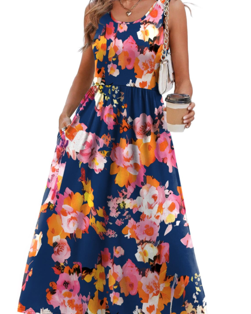 Clementine Damen-Sommerkleid – Midikleid mit U-Ausschnitt und Taschen, fließend
