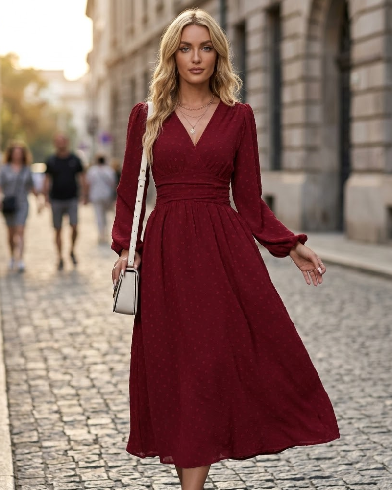 Aurélie Robe Élégante Femme – Robe Midi à Col V, Taille Haute et Manches Longues
