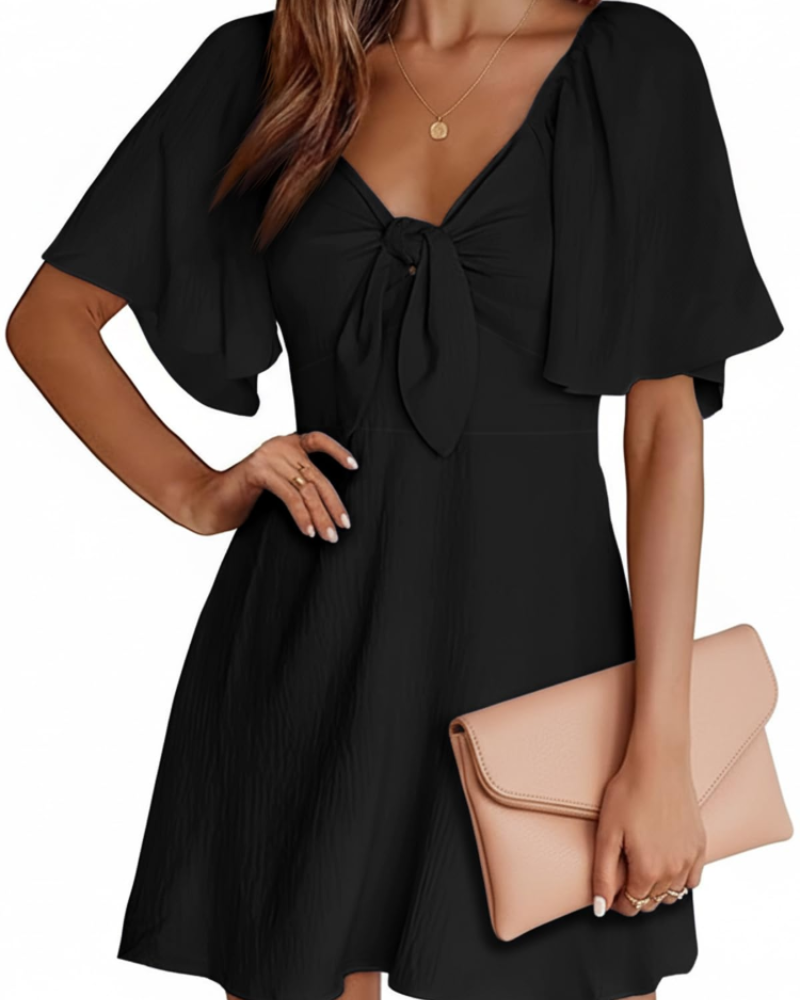 Vestido Mini Sloane Feminino Verão – Decote V Profundo, Mangas Curtas e Laço