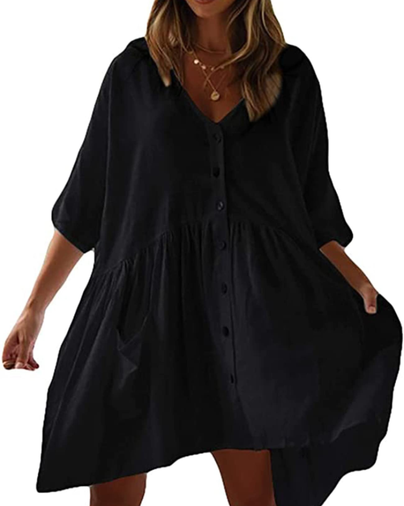 Blythe Dame Strandkjole – Oversized V-hals Kjole med Lommet i Rayon