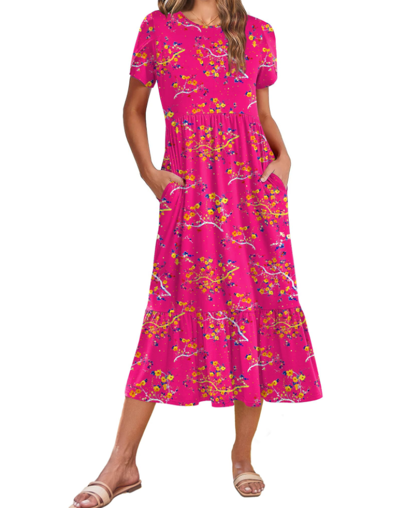 Emily Midikleid für Damen mit Volants – Sommerkleid mit ausgestelltem Schnitt, hoher Taille und Taschen