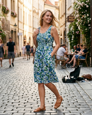 Violet Robe Midi Fleurie Femme – Robe d'Été Sans Manches Plissée avec Poches