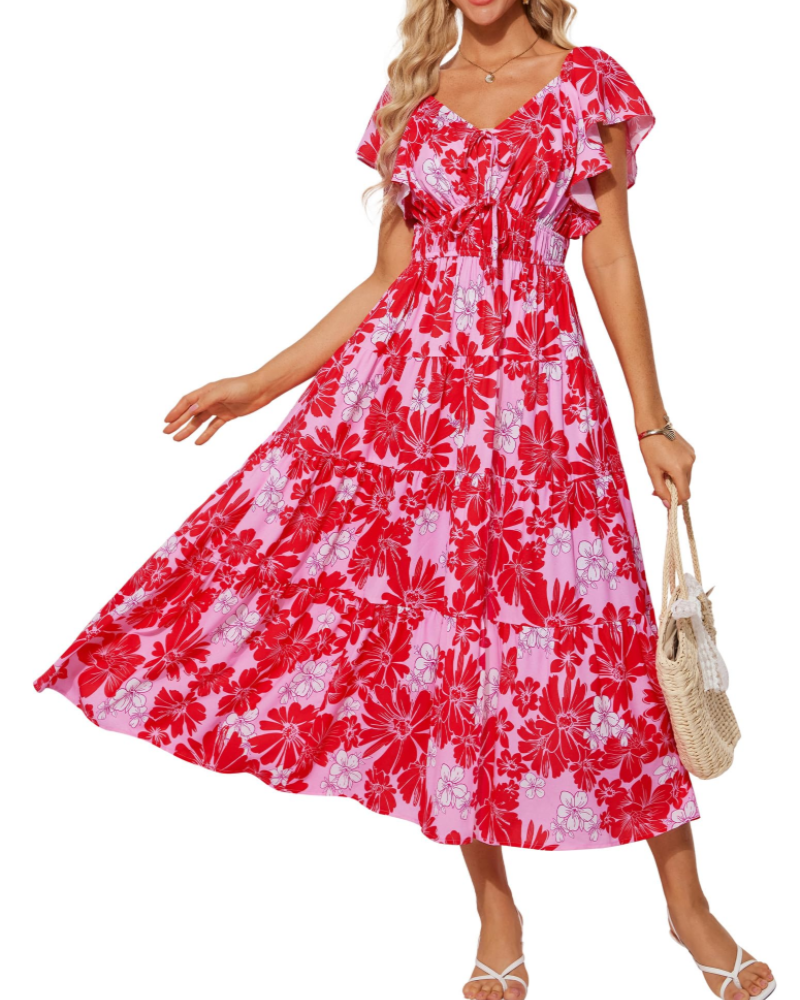 Brianna Maxikleid für Damen – Florales Muster, V-Ausschnitt, eckiger Kragen, Volants & Taschen