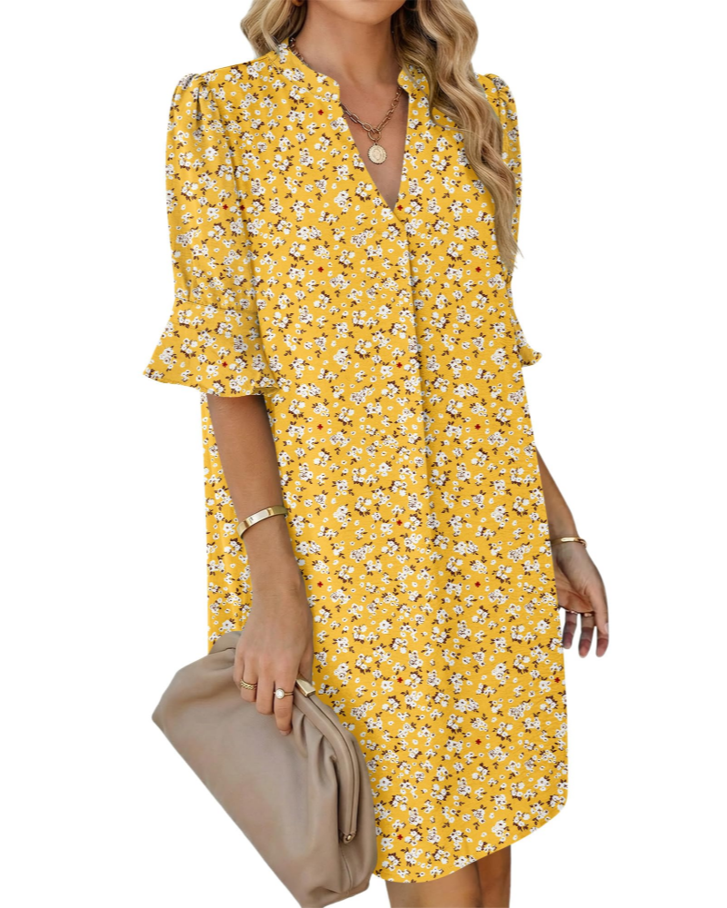 Vestido Ronella para mujer – vestido de verano con cuello en V, corte evasé, bolsillos y mangas con volantes