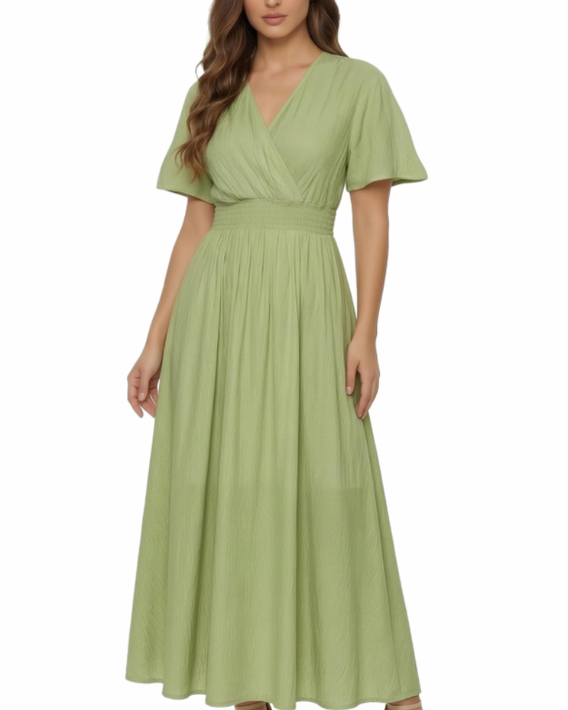 Vestido Maxi Sarai para Mulher Verão – Liso com Decote em V, Mangas com Folhos, Cintura Elástica