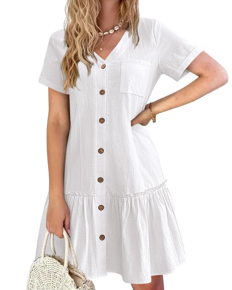 Claudia Robe Coton Lin Femme – Robe Col V Boutons Bois avec Jupe Plissée