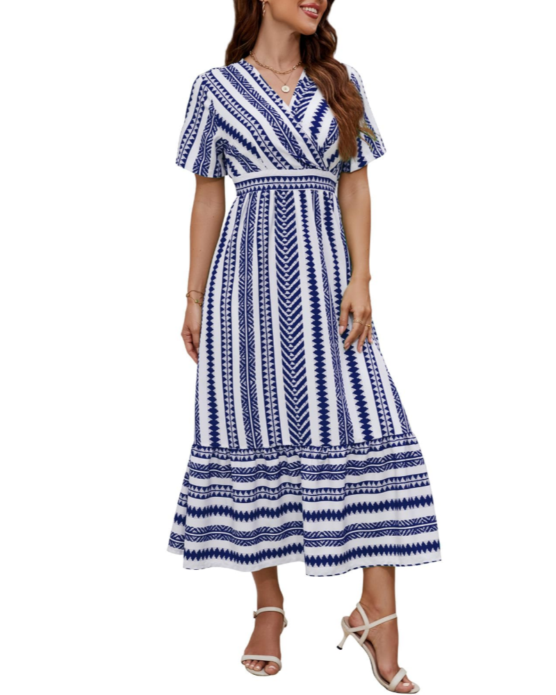 Elsie Damen Sommerkleid – Gestreifter V-Ausschnitt, A-Linien-Schnitt mit Taschen