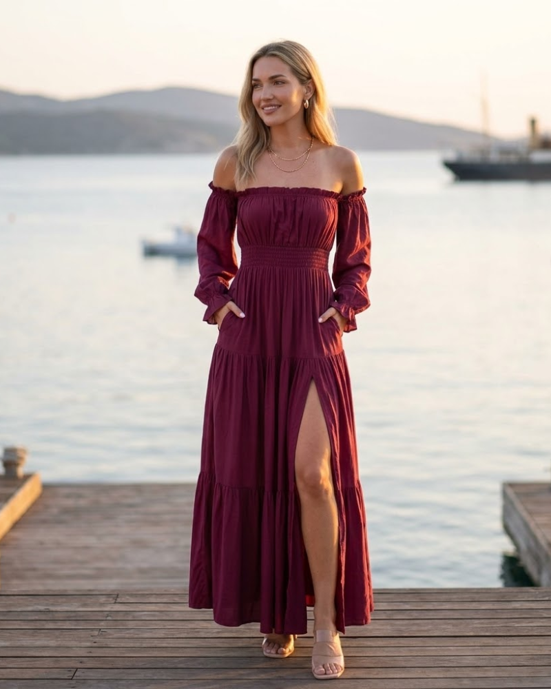 Sukienka maxi Sophie damska – sukienka boho z odkrytymi ramionami, rozcięciem i marszczoną talią