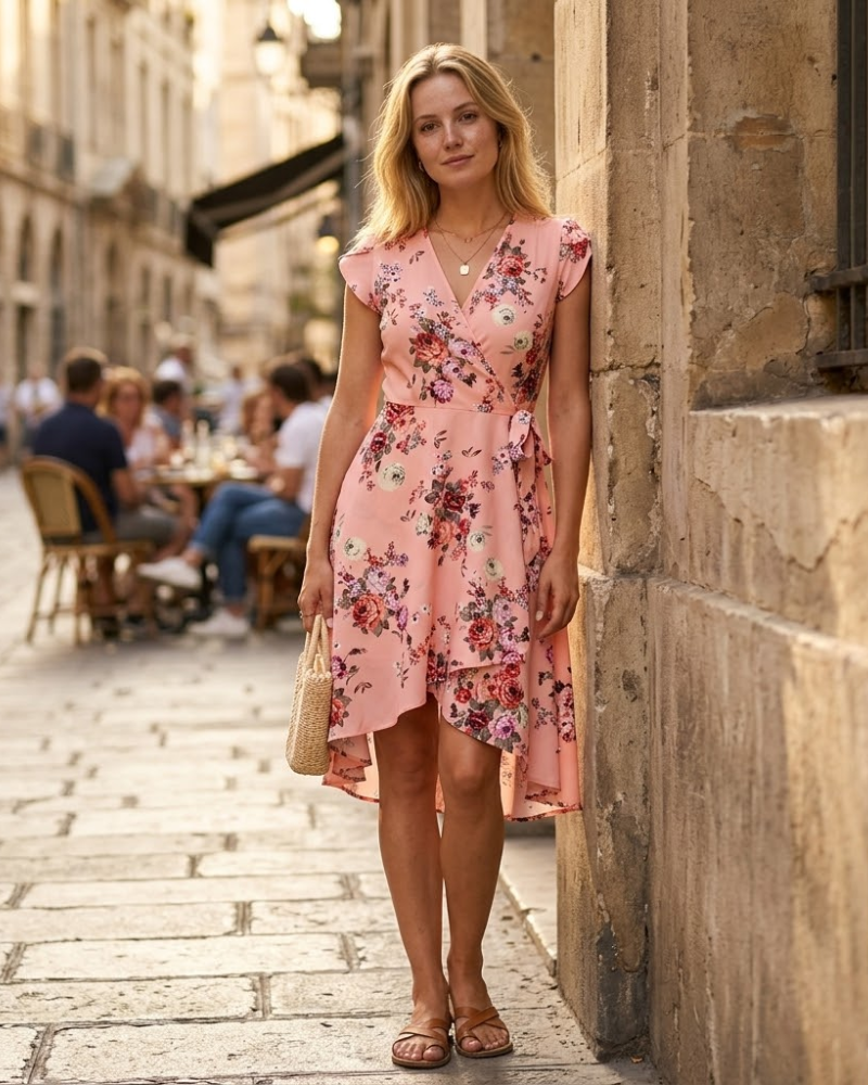 Sofia Kleid Fleurie Damen – Elegantes Sommer-Wickelkleid mit Blütenblattärmeln
