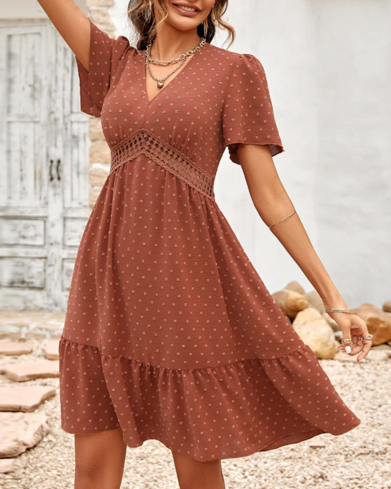 Vivienne Robe Mini Femme – Robe à Pois Col V avec Volants Coupe Évasée