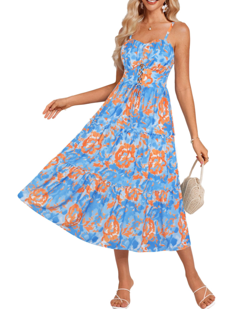 Kayla Robe Midi Femme Été – Florale Bretelles Réglables & Poches