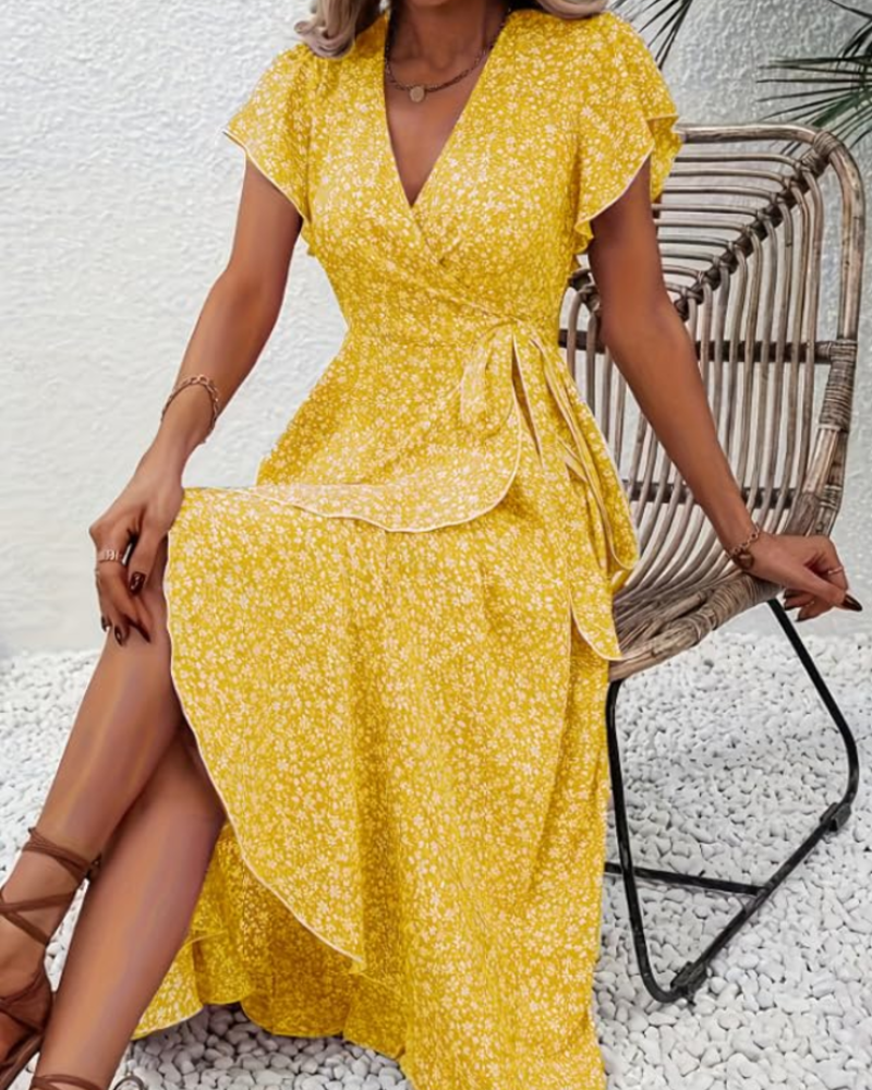 Celeste Robe Midi Fleurie Femme – Robe Col V Taille Empire avec Ceinture