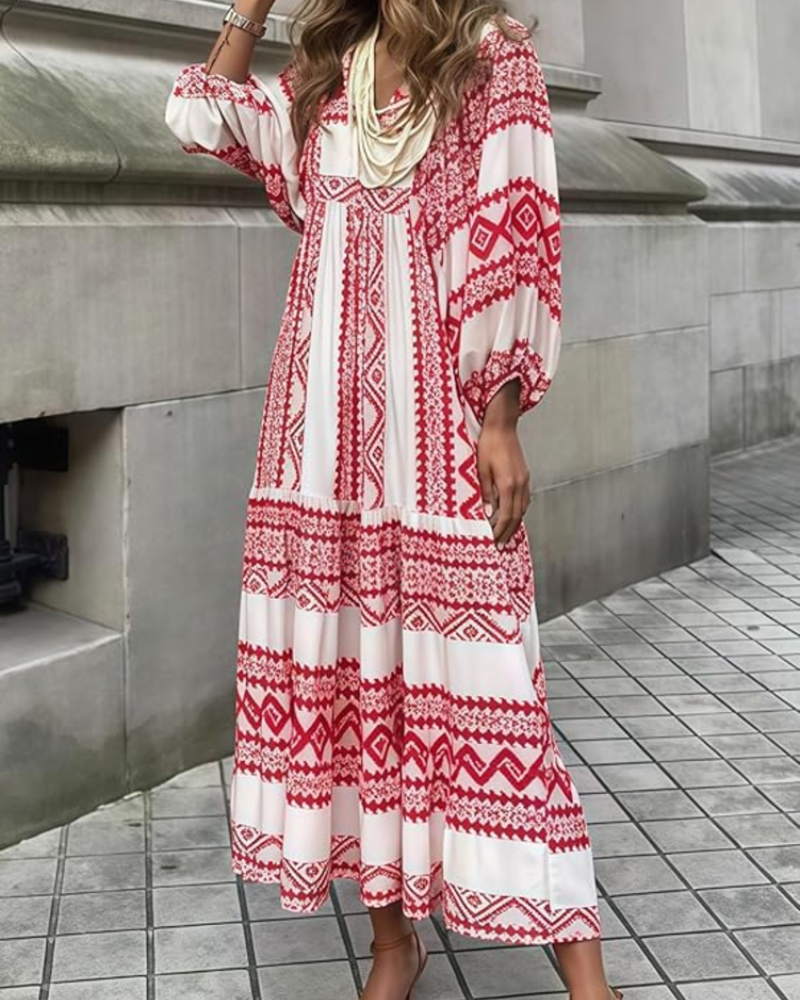 Rina Šaty Boho Femme – Květinový Vzor, Výstřih do V a Lehká Nabíraná Letní Rukávová