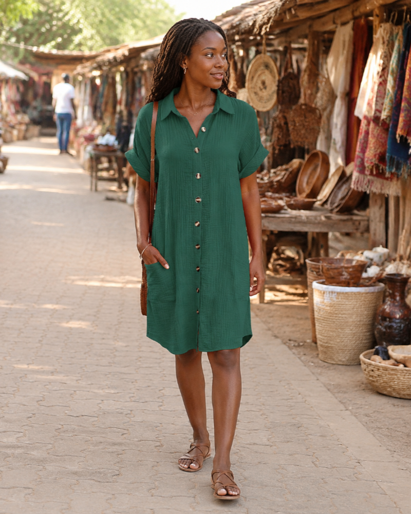 Éliora Vestido Camiseiro de Senhora em Algodão e Linho – Vestido com Botões, Decote em V e Bolsos