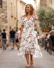 Evelyn Robe Midi Fleurie Femme – Robe Portefeuille Col V avec Ceinture Ajustable