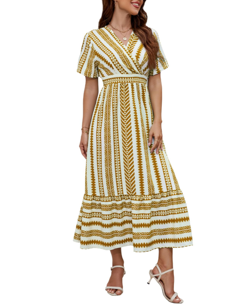 Elsie Damen Sommerkleid – Gestreifter V-Ausschnitt, A-Linien-Schnitt mit Taschen