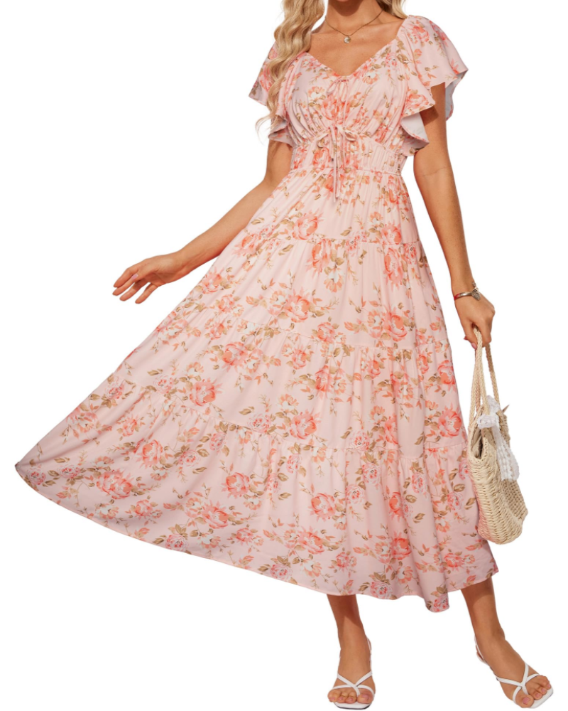 Brianna Maxikleid für Damen – Florales Muster, V-Ausschnitt, eckiger Kragen, Volants & Taschen
