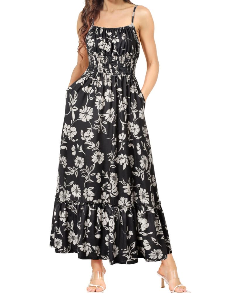 Vestido Maxi Piper para Mulher – Floral Plissado com Alças Finas Ajustáveis