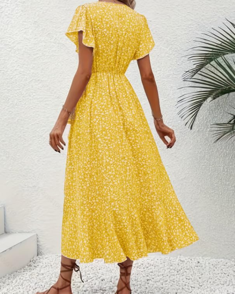 Celeste Robe Midi Fleurie Femme – Robe Col V Taille Empire avec Ceinture