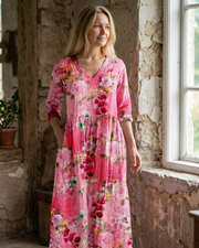 Vestido Maxi Ignacia Femme – Vestido Floral Decote em V, Mangas 3/4 & Elegância Romântica