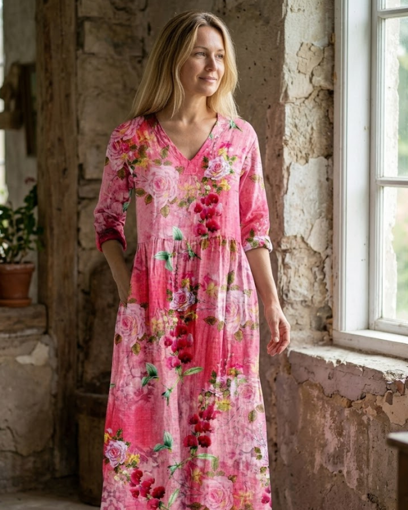 Ignacia Maxi šaty Femme – Květinové šaty s výstřihem do V, 3/4 rukávy a romantická elegance